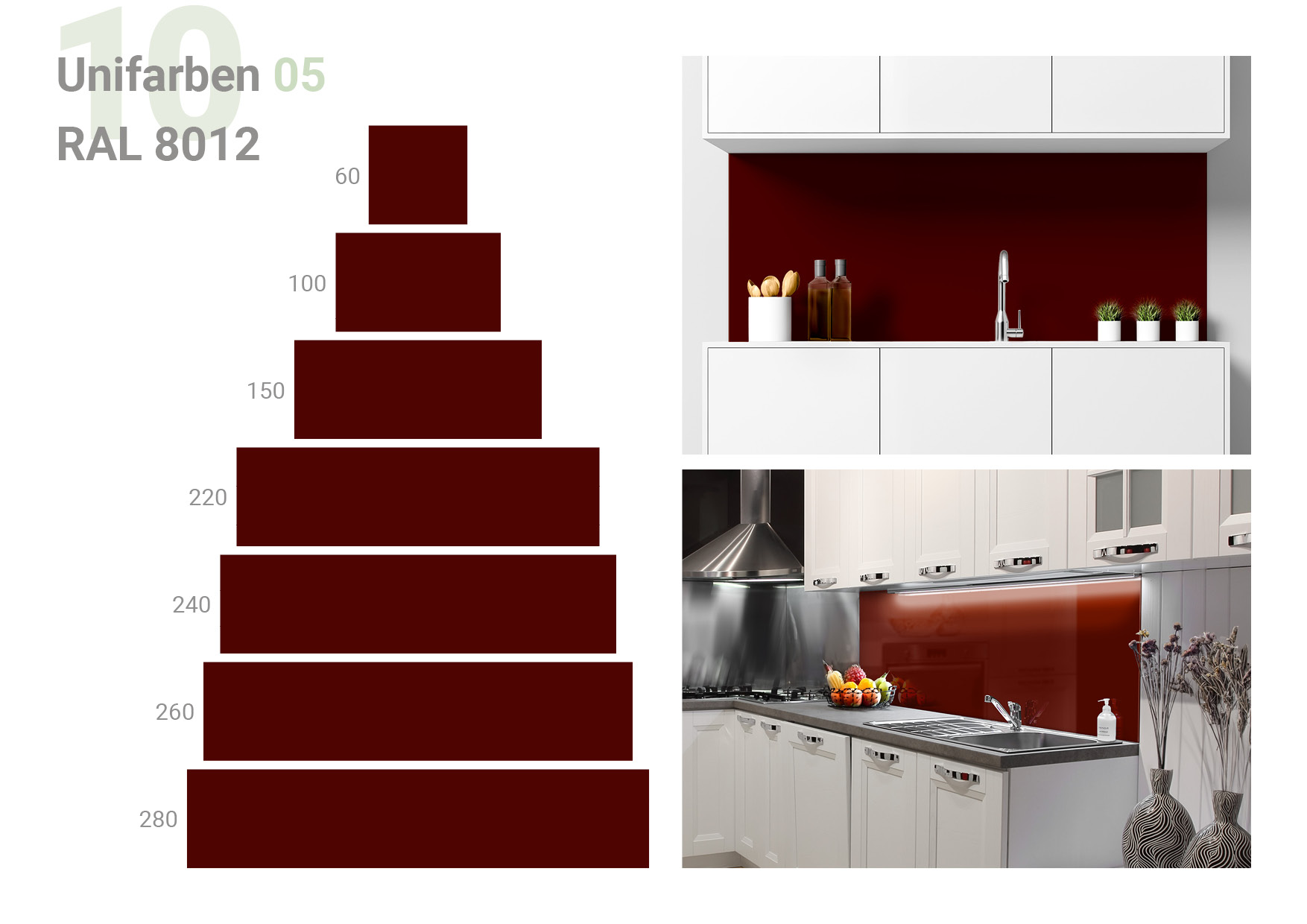 Übersicht, die die Formate 60 x 60, 100 x 60, 150 x 60, 220 x 60, 240 x 60, 260 x 60, 280 x 60 cm und die beiden  Milieubilder für folgendes Motiv zeigt: Einfarbig dunkelrotes Bild, keine sichtbaren Details oder Muster.