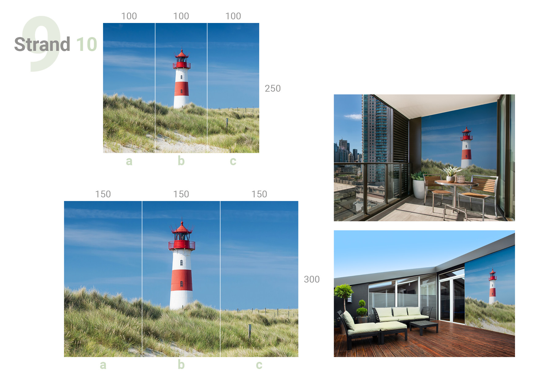 Übersicht, die das 3-teilige Format 100 + 100 + 100 x 250 cm und das 3-teilige Format 150 + 150 + 150 x 300 cm sowie die Milieubilder für folgendes Motiv zeigt: Leuchtturm in rot und weiß vor blauem Himmel, im Vordergrund Dünen mit Dünengras und Zaun.