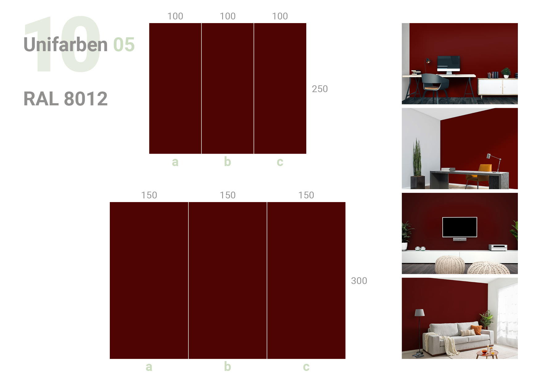 Übersicht, die das 3-teilige Formate 100 und 100 und 100 x 250 cm und das 3-teilige Formate 150 und 150 und 150 x 300 cm und die Milieubilder für folgendes Motiv zeigt: Einfarbig dunkelrotes Bild, keine sichtbaren Details oder Muster.