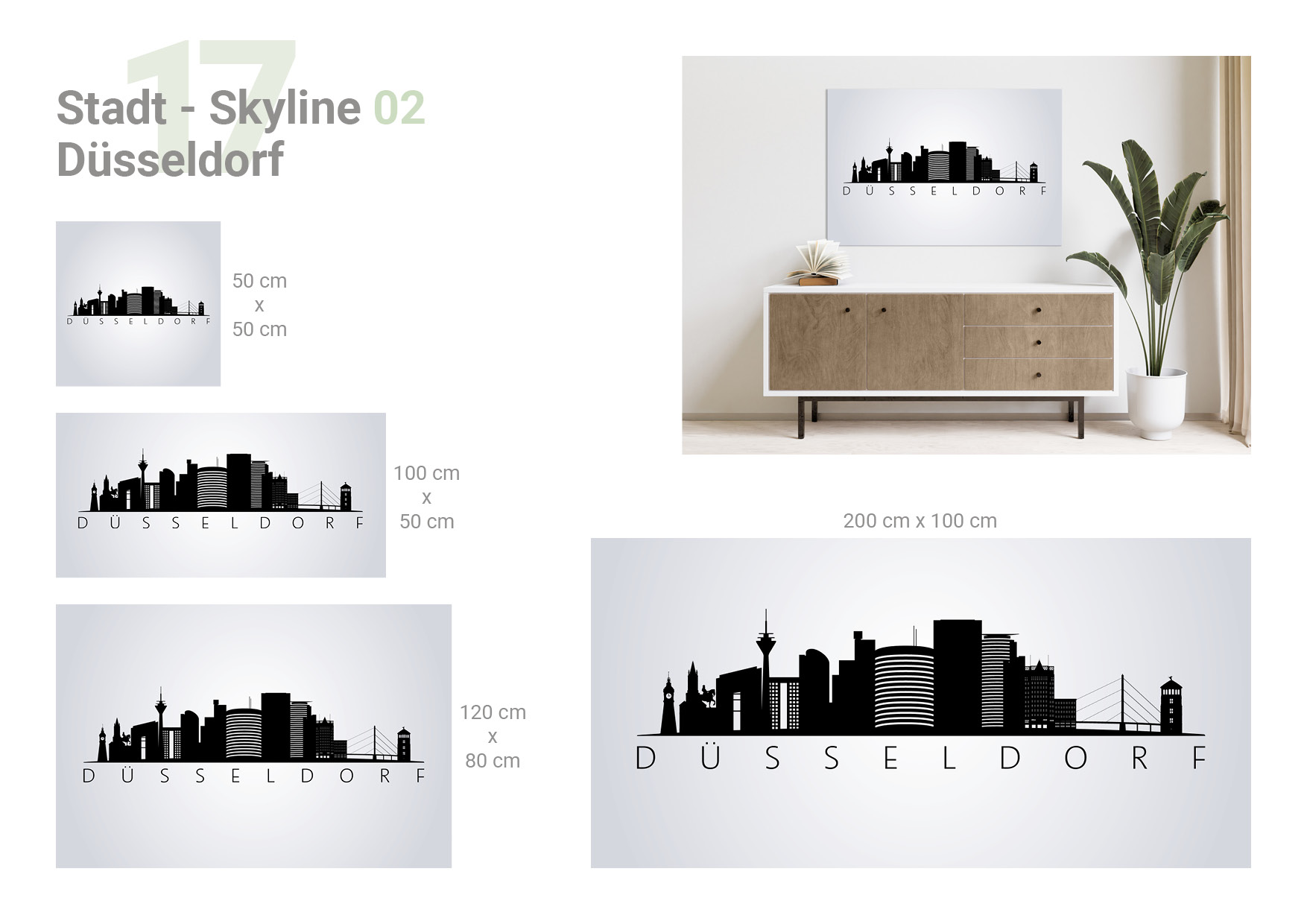 Übersicht, die 4 verschiedene Formate und das Milieubild für folgendes Motiv zeigt: Silhouette der Düsseldorfer Skyline auf grauem Hintergrund, darunter der Schriftzug "DÜSSELDORF".