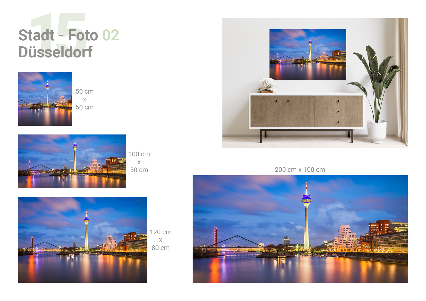 Übersicht, die 4 verschiedene Formate und das Milieubild für folgendes Motiv zeigt: Düsseldorf-Skyline bei Nacht mit beleuchtetem Rheinturm, Brücke über den Rhein und reflektierenden Lichtern im Wasser.