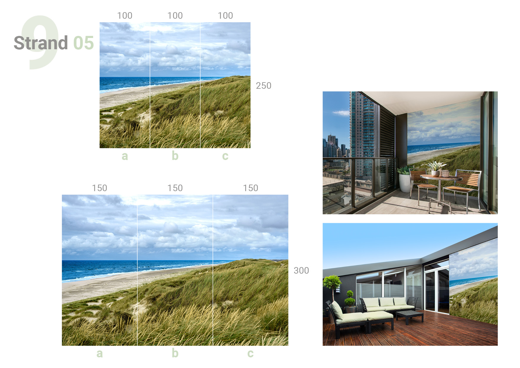 Übersicht, die das 3-teilige Formate 100 und 100 und 100 x 250 cm und das 3-teilige Formate 150 und 150 und 150 x 300 cm und die Milieubilder für folgendes Motiv zeigt: Panoramablick auf Strand mit Dünengras, Meer, bewölkter Himmel.