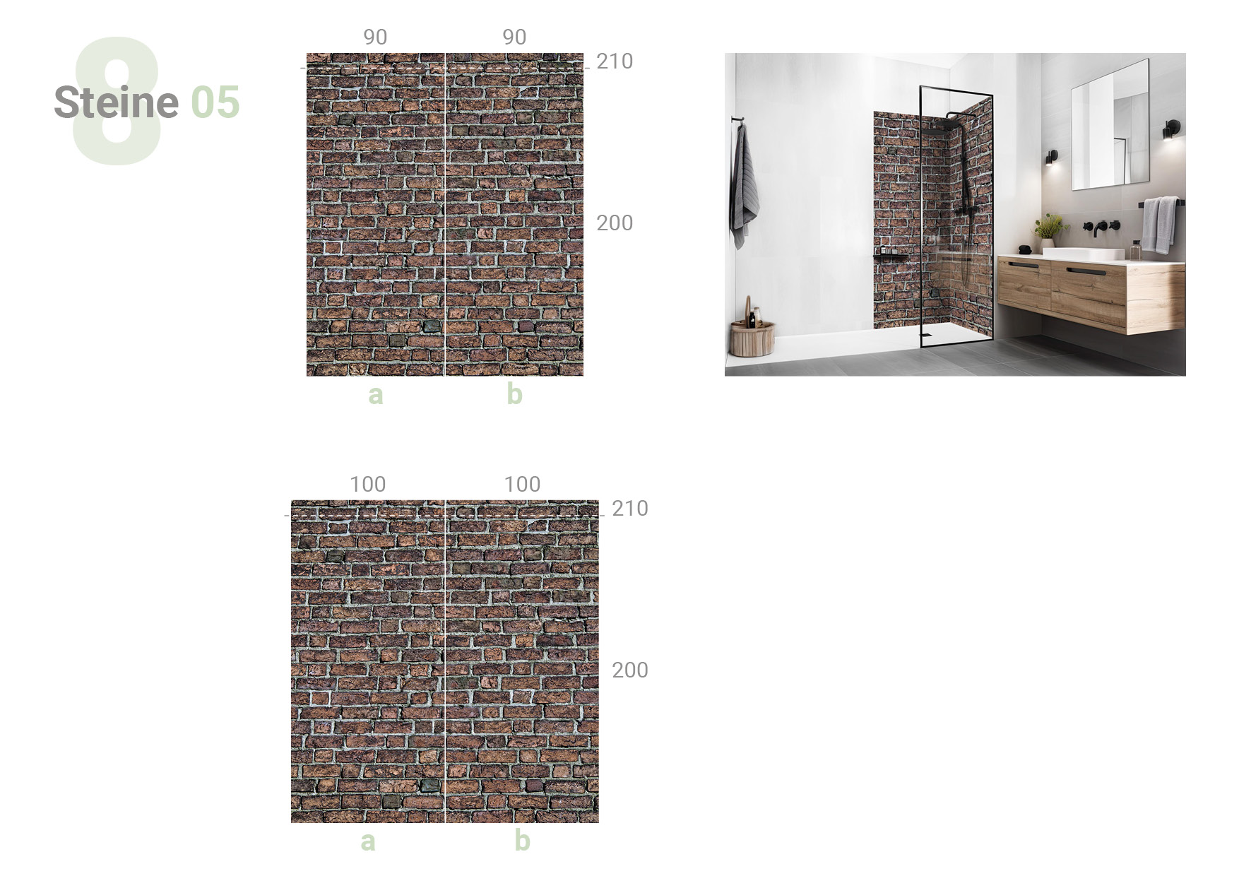 Übersicht, die das  zweiteilige Format 90 x 90 und 100 x 100 cm  und das Milieubild für folgendes Motiv zeigt: Weiße Backsteinmauer mit sichtbaren Fugen, unregelmäßige Textur, helle Oberfläche.