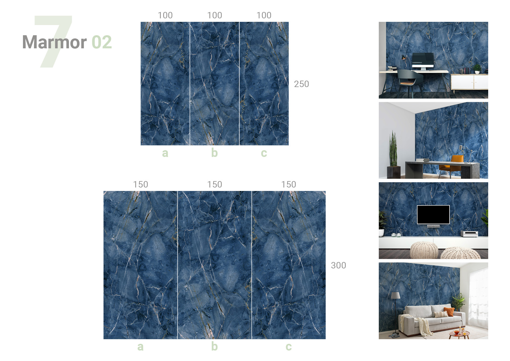 Übersicht, die das 3-teilige Formate 100 und 100 und 100 x 250 cm und das 3-teilige Formate 150 und 150 und 150 x 300 cm und die Milieubilder für folgendes Motiv zeigt: Dunkelblauer Marmor mit goldenen und weißen Adern, abstrakte Textur.