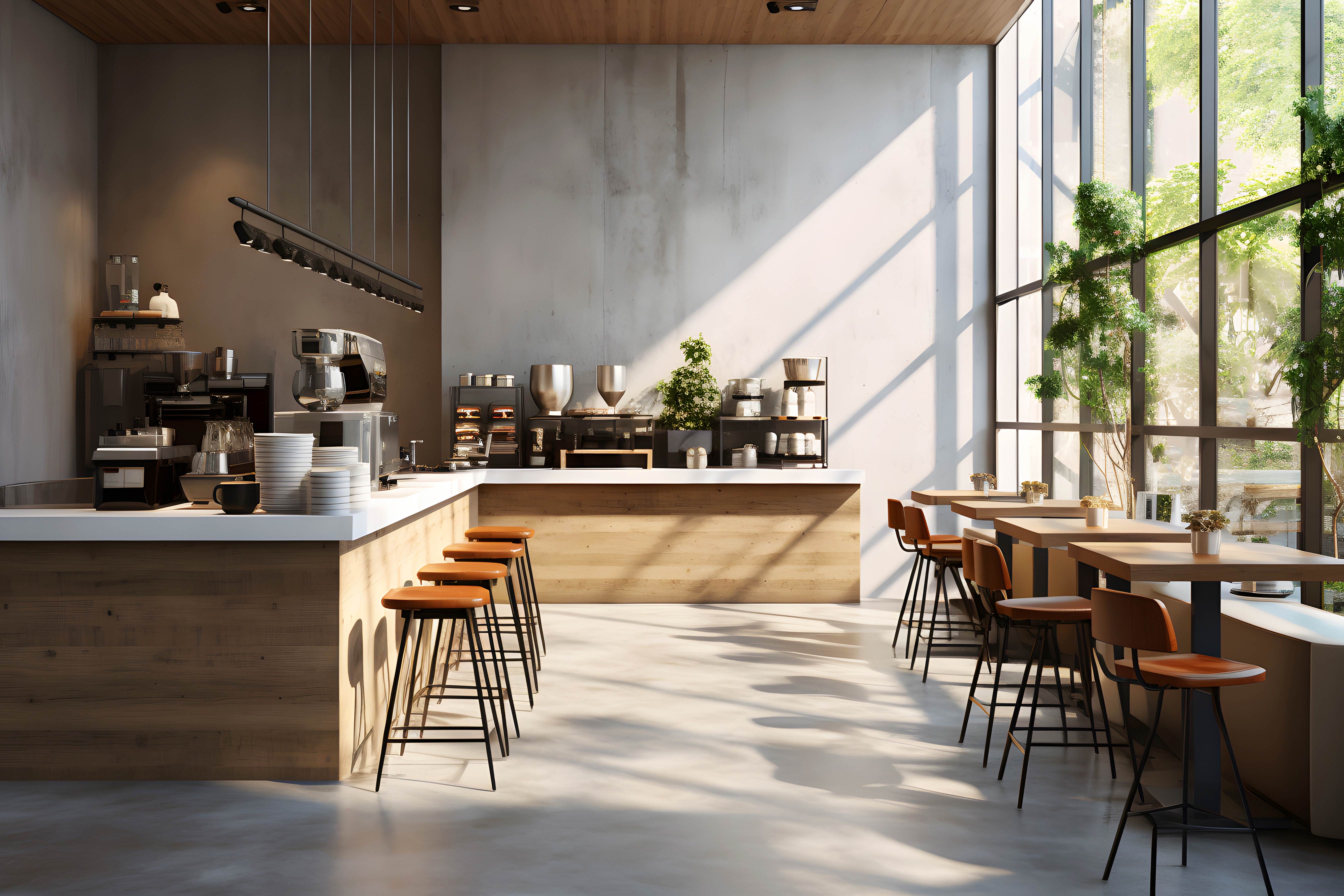 Modernes Café mit Holztresen, Barhockern, Tischen und Stühlen. Große Fenster mit viel Tageslicht und Pflanzen.