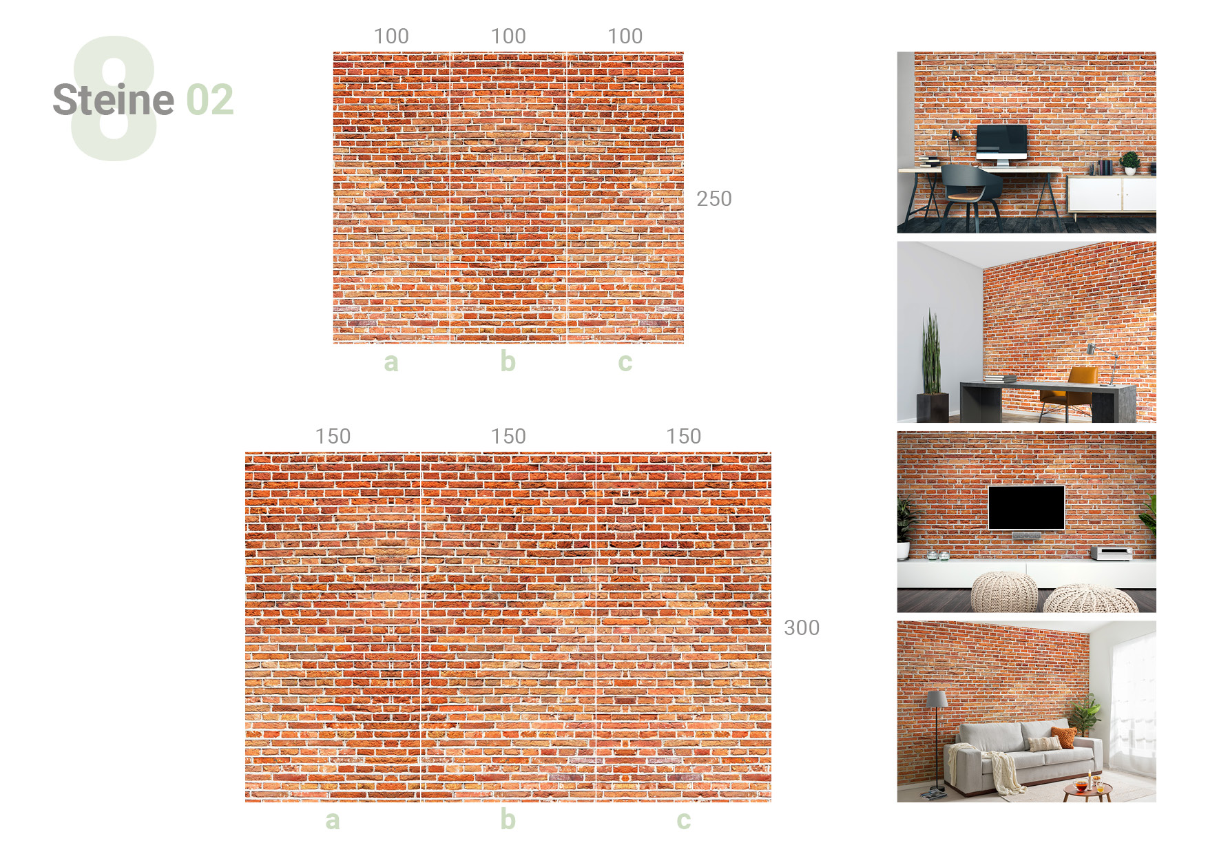 Übersicht, die das 3-teilige Formate 100 und 100 und 100 x 250 cm und das 3-teilige Formate 150 und 150 und 150 x 300 cm und die Milieubilder für folgendes Motiv zeigt: Rote Backsteinmauer mit grauen Fugen, regelmäßiges Muster, Textur.