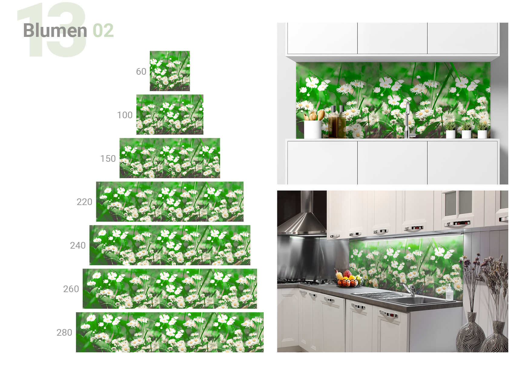Übersicht, die die Formate 60 x 60, 100 x 60, 150 x 60, 220 x 60, 240 x 60, 260 x 60, 280 x 60 cm und die beiden  Milieubilder für folgendes Motiv zeigt: Nahaufnahme von Gänseblümchen in einem grünen Feld mit weichem Fokus.