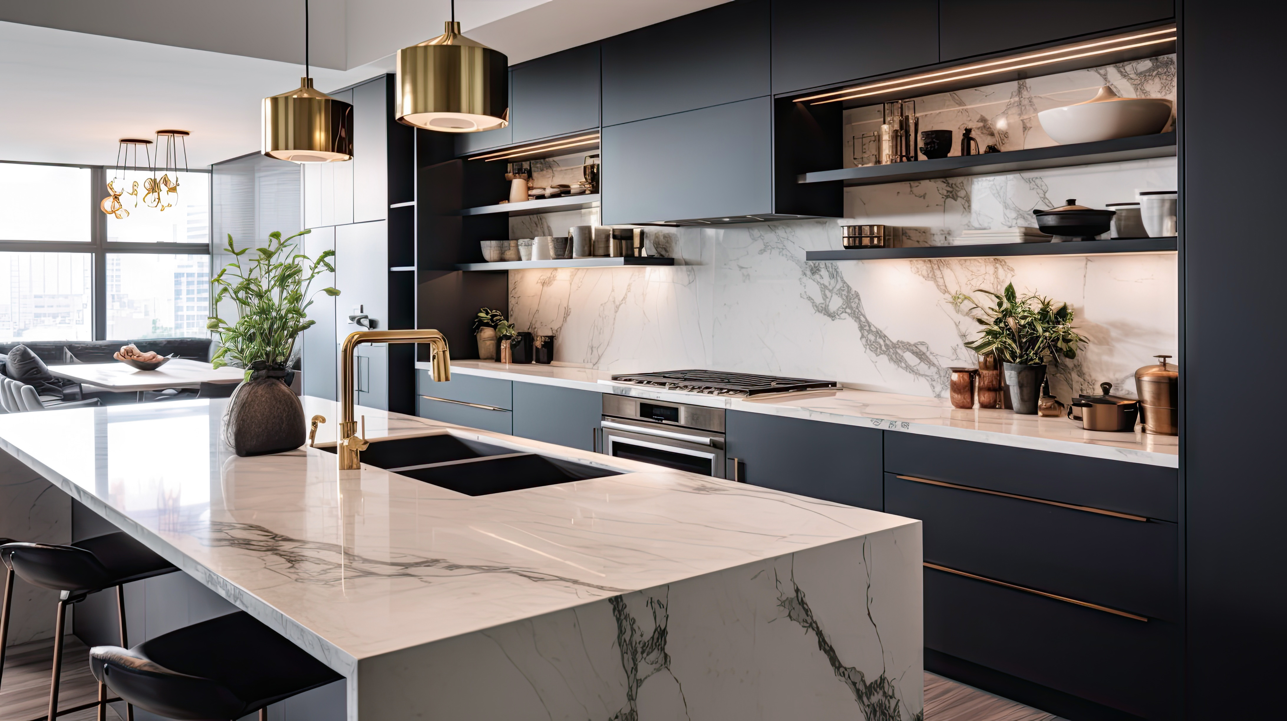 Rückwände entdecken Moderne Küche mit dunklen Schränken, Marmorarbeitsplatte und goldener Armatur. Hängende goldene Lampen und Regale mit Dekoration.