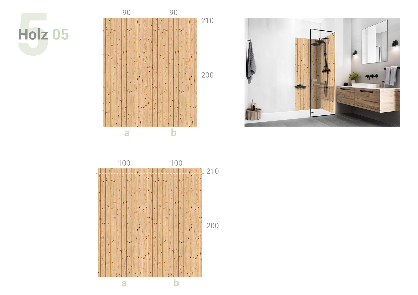 Übersicht, die das  zweiteilige Format 90 x 90 und 100 x 100 cm  und das Milieubild für folgendes Motiv zeigt: Helle Holzplanken mit sichtbarer Maserung und Astlöchern, vertikal angeordnet.