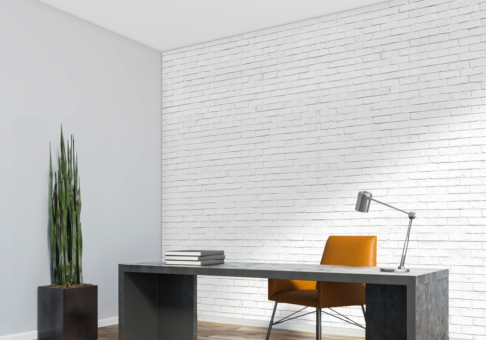 Milieubild mit Arbeitszimmer mit dunklem Schreibtisch, orangefarbenem Stuhl, Stehlampe,  Zimmerpflanze im Topf  und einer Wandverkleidung mit folgendem Motiv: Weiße Backsteinmauer mit sichtbaren Fugen, unregelmäßige Textur, helle Oberfläche.