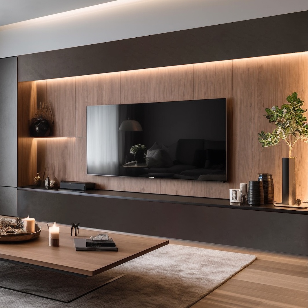 Wandverkleidung konfigurieren! Helle Holzwandverkleidung im Wohnzimmer mit TV und Regalen.