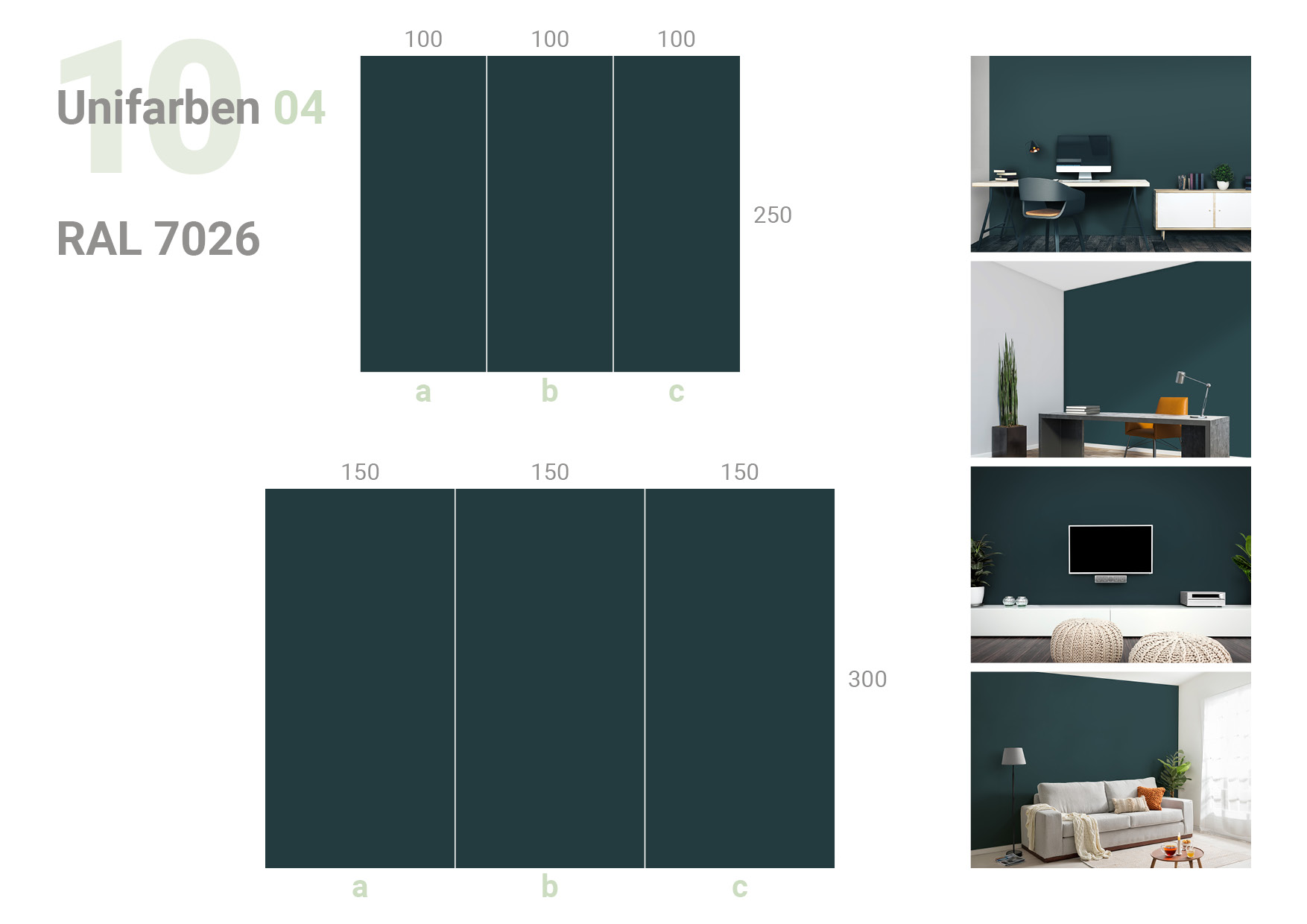 Übersicht, die das 3-teilige Formate 100 und 100 und 100 x 250 cm und das 3-teilige Formate 150 und 150 und 150 x 300 cm und die Milieubilder für folgendes Motiv zeigt: Einfarbig dunkelgrünes Bild, keine sichtbaren Details oder Muster.
