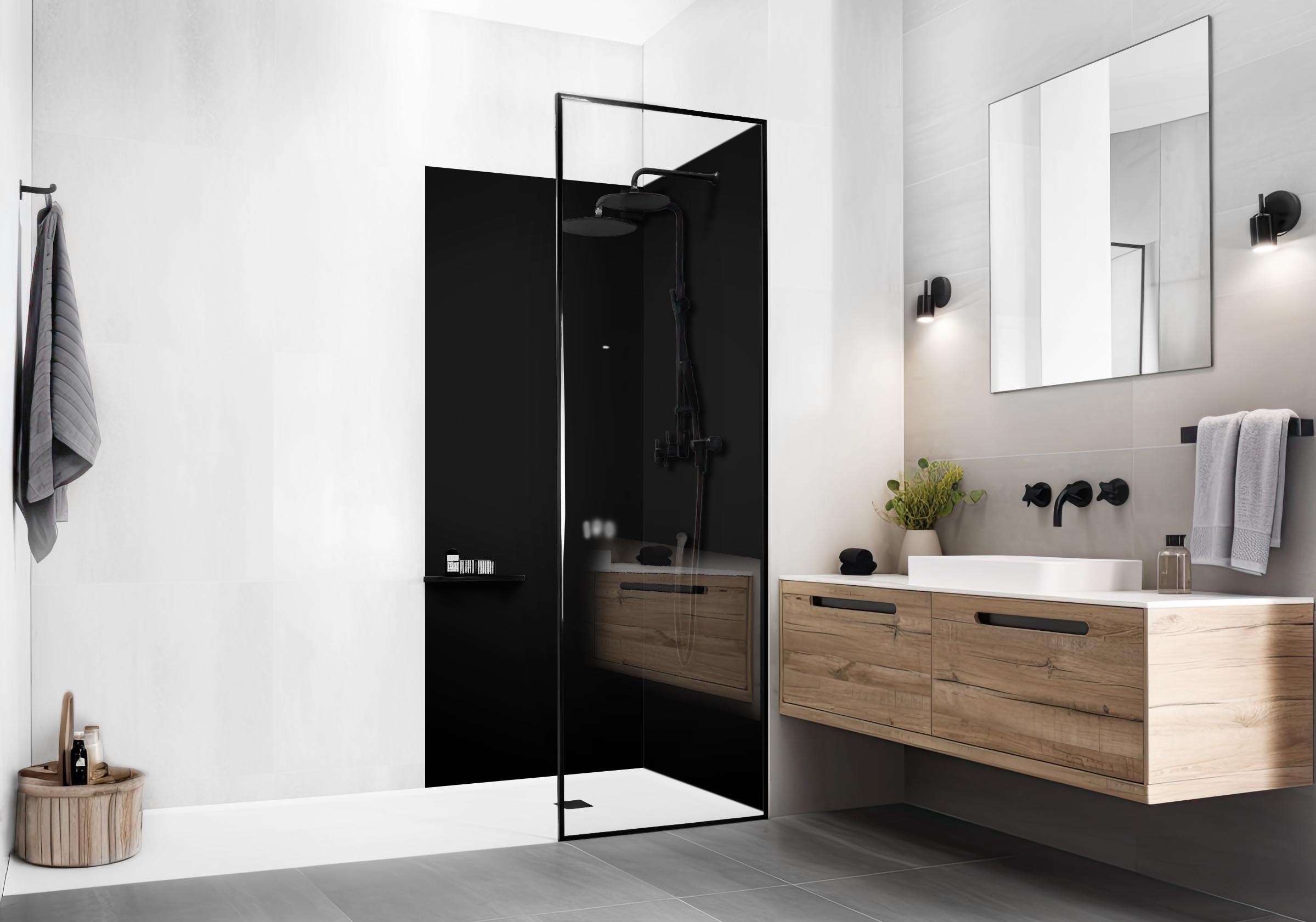 Modernes Badezimmer mit Waschbecken und Holzunterschrank und mit ebenerdiger Dusche die Rückwände in folgendem Design hat: Einfarbig schwarzes Bild, keine sichtbaren Details oder Muster.