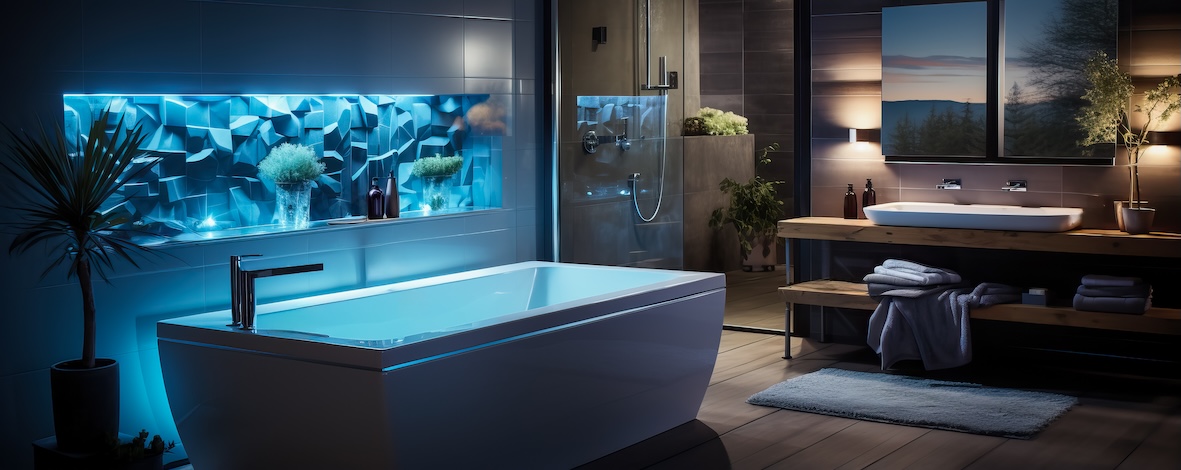 Modernes Badezimmer mit freistehender Badewanne, blauer LED-Beleuchtung, Holzboden und Waschtisch mit Aufsatzwaschbecken.