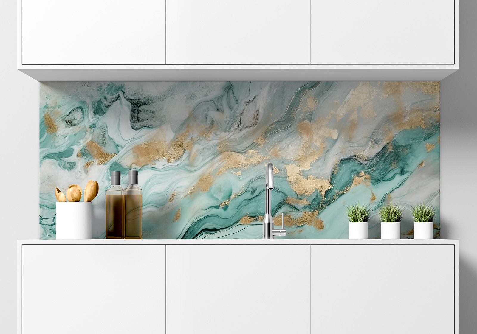 Küchenrückwand - grün goldfarbener Marmor Küche mit weißen Hängeschränken, Spüle mit Armatur, Gewürzständer und kleinen Topfpflanzen auf der Arbeitsfläche. Es ist eine Küchenrückwand mit folgendem Motiv verbaut: Abstrakte Marmorstruktur in Türkis und Weiß mit goldenen Akzenten, fließende Formen.