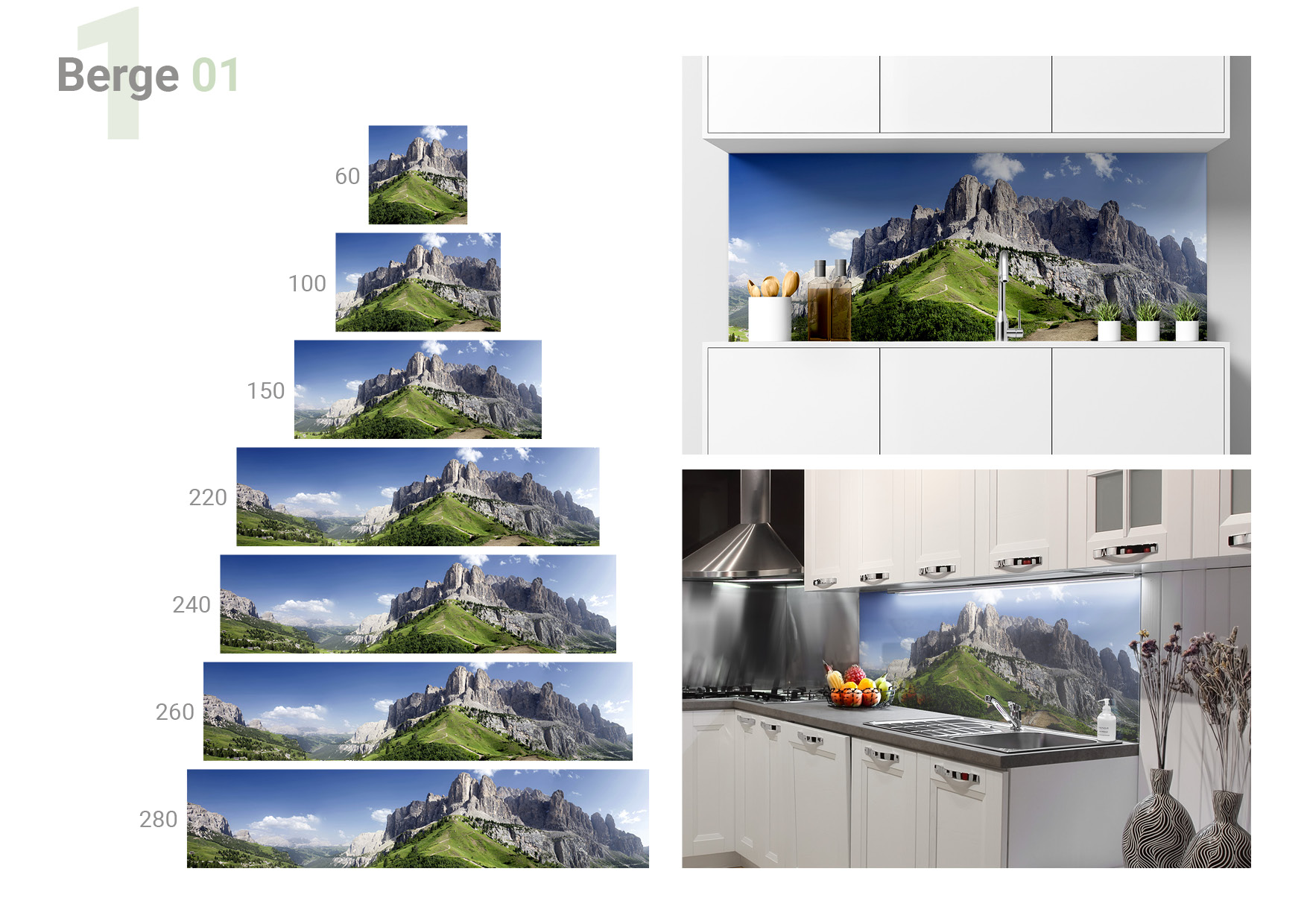 Übersicht, die die Formate 60 x 60, 100 x 60, 150 x 60, 220 x 60, 240 x 60, 260 x 60, 280 x 60 cm und die beiden  Milieubilder für folgendes Motiv zeigt: Panorama der Dolomiten mit grünen Hängen und felsigen Gipfeln unter blauem Himmel.