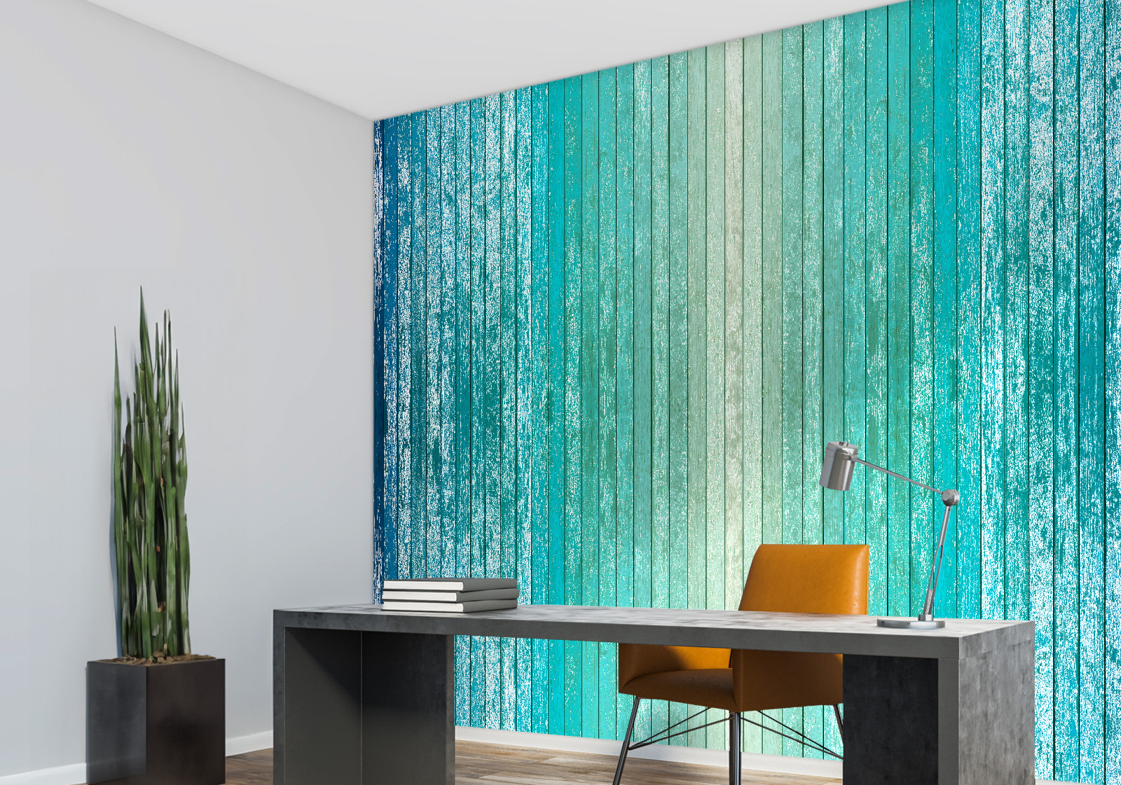 Milieubild mit Arbeitszimmer, dunklem Schreibtisch, orangefarbenem Stuhl, Stehlampe,  Zimmerpflanze und Wandverkleidung mit Motiv: Holzplanken in Farbverlauf von Beige über Türkis bis Dunkelblau, mit sichtbarer Maserung und leichtem Vintage-Effekt.