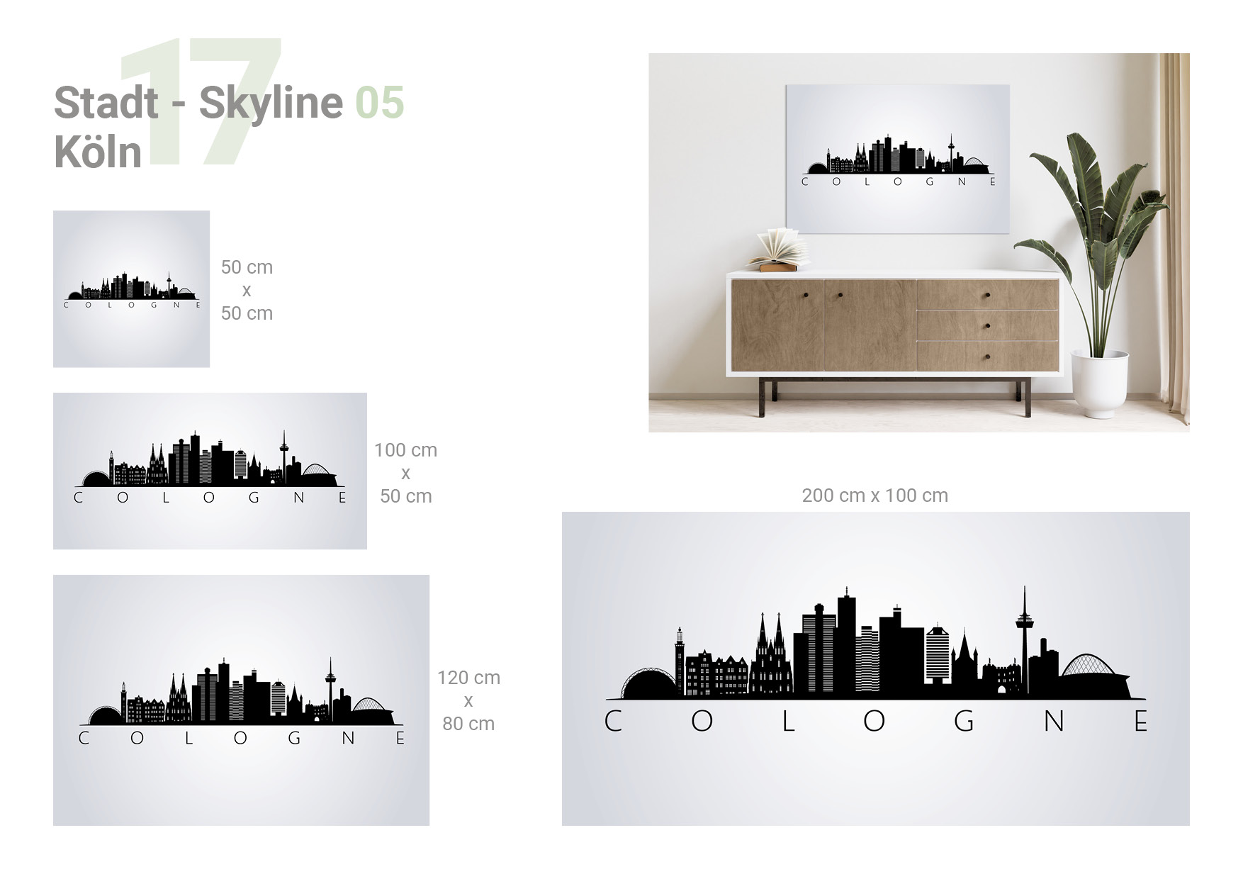 Übersicht, die 4 verschiedene Formate und das Milieubild für folgendes Motiv zeigt: Silhouette der Kölner Skyline auf grauem Hintergrund, darunter der Schriftzug "COLOGNE".