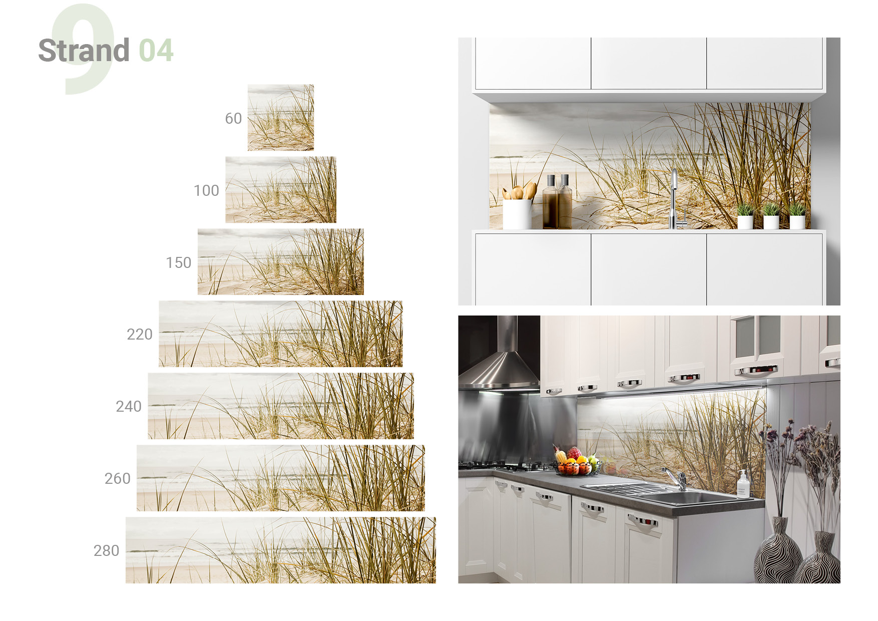 Übersicht, die die Formate 60 x 60, 100 x 60, 150 x 60, 220 x 60, 240 x 60, 260 x 60, 280 x 60 cm und die beiden  Milieubilder für folgendes Motiv zeigt: Strandhafer im Sand, Meer im Hintergrund, bewölkter Himmel.