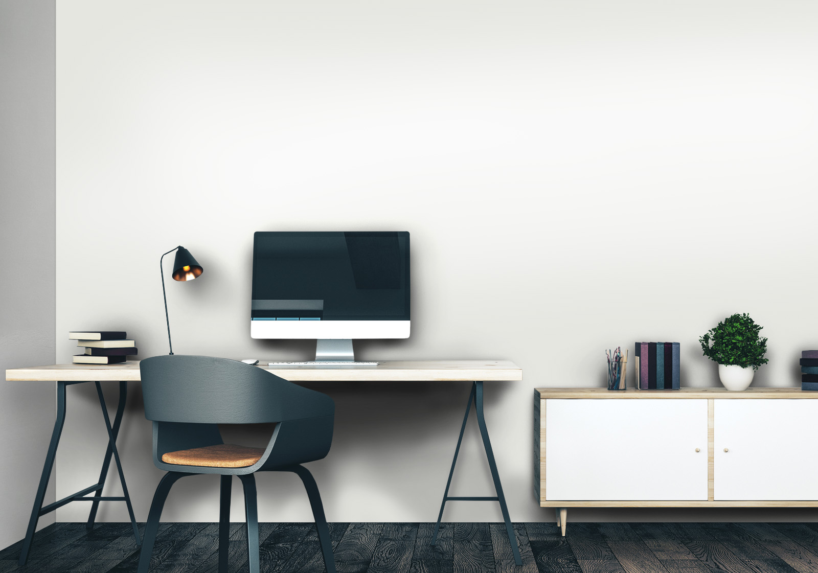 Wandverkleidung für das Büro Unifarben v3 Reinweiß ≈ RAL 9010 Milieubild mit Arbeitszimmer mit Schreibtisch, Computer, Stuhl, Kommode, Lampe, Pflanze als Dekoration und einer Wandverkleidung mit folgendem Motiv: Einfarbig weißes Bild, keine sichtbaren Details oder Muster.