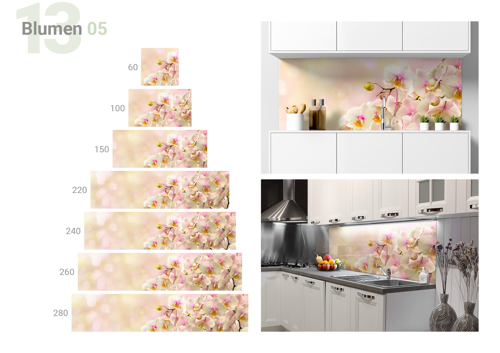 Übersicht, die die Formate 60 x 60, 100 x 60, 150 x 60, 220 x 60, 240 x 60, 260 x 60, 280 x 60 cm und die beiden  Milieubilder für folgendes Motiv zeigt: Nahaufnahme von weißen Orchideenblüten mit rosa und gelben Akzenten, auf weichem, hellem Hintergrund.