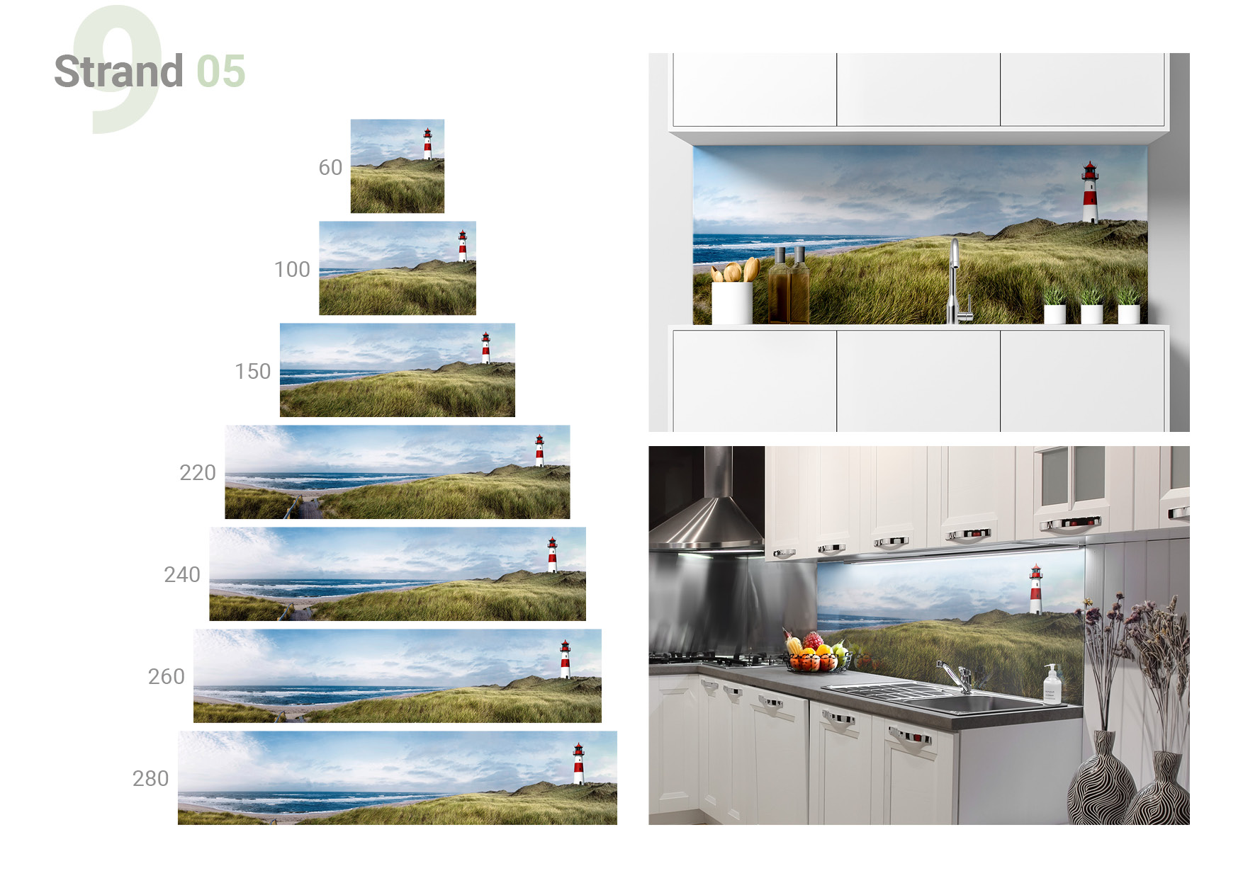 Übersicht, die die Formate 60 x 60, 100 x 60, 150 x 60, 220 x 60, 240 x 60, 260 x 60, 280 x 60 cm und die beiden  Milieubilder für folgendes Motiv zeigt: Panoramablick auf Strand mit Dünengras, Meer und Leuchtturm, bewölkter Himmel.