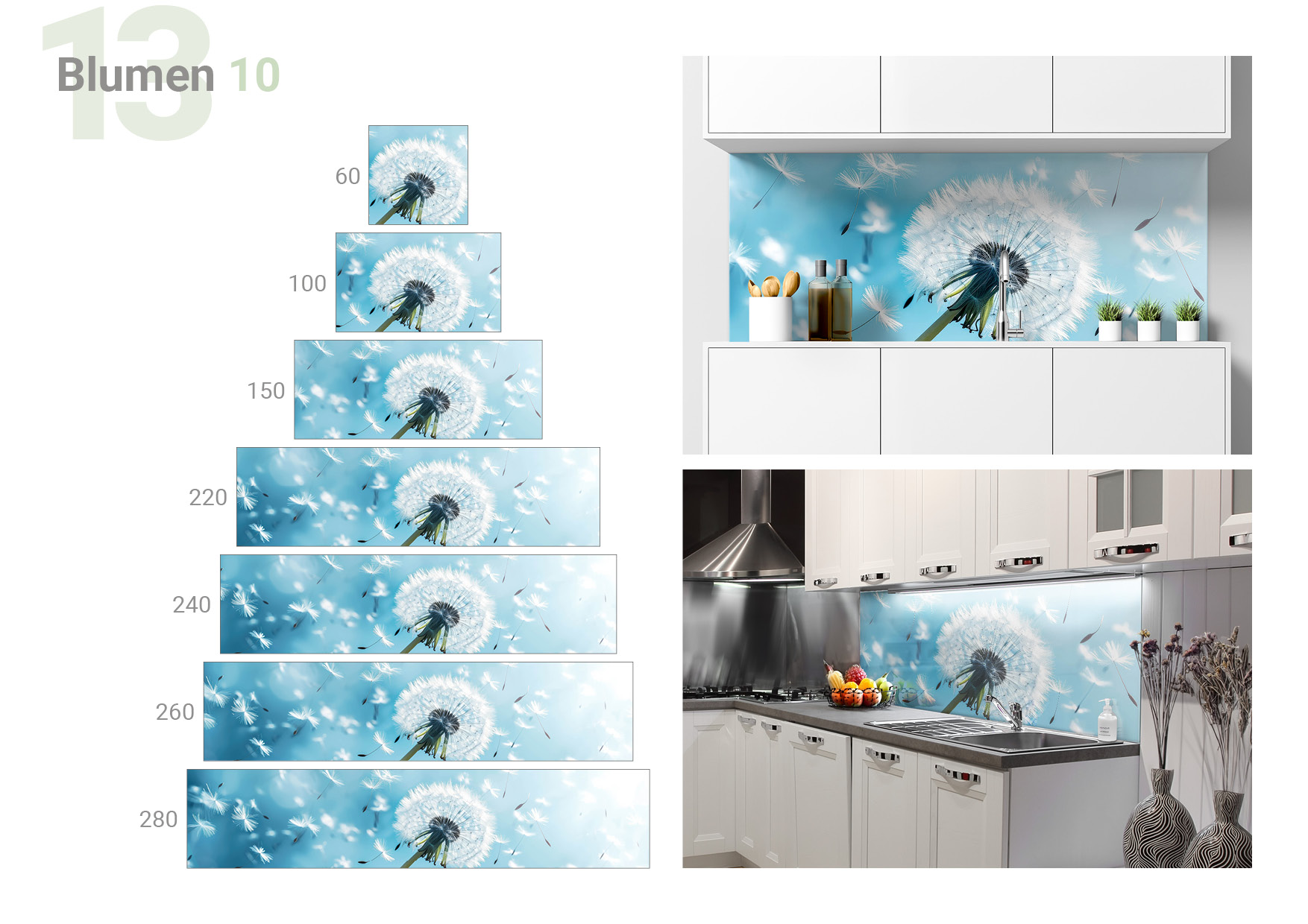 Übersicht, die die Formate 60 x 60, 100 x 60, 150 x 60, 220 x 60, 240 x 60, 260 x 60, 280 x 60 cm und die beiden  Milieubilder für folgendes Motiv zeigt: Löwenzahn-Pusteblume mit weißen Samen, die im Wind vor einem hellblauen Himmel schweben.