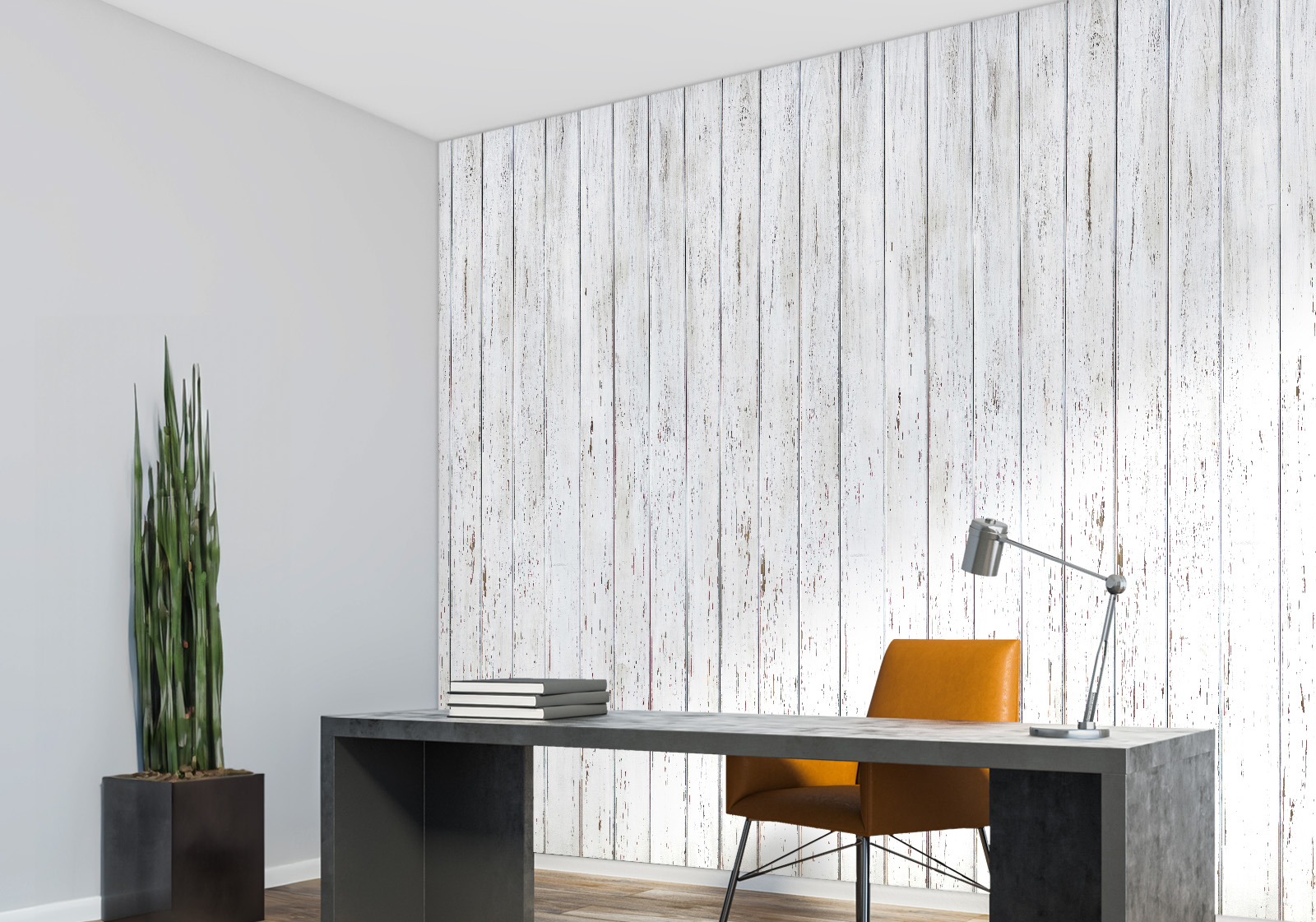 Milieubild mit Arbeitszimmer mit dunklem Schreibtisch, orangefarbenem Stuhl, Stehlampe,  Zimmerpflanze im Topf  und einer Wandverkleidung mit folgendem Motiv: Weiße Holzplanken mit leichter Maserung, vertikal angeordnet und leichtem Vintage-Effekt.