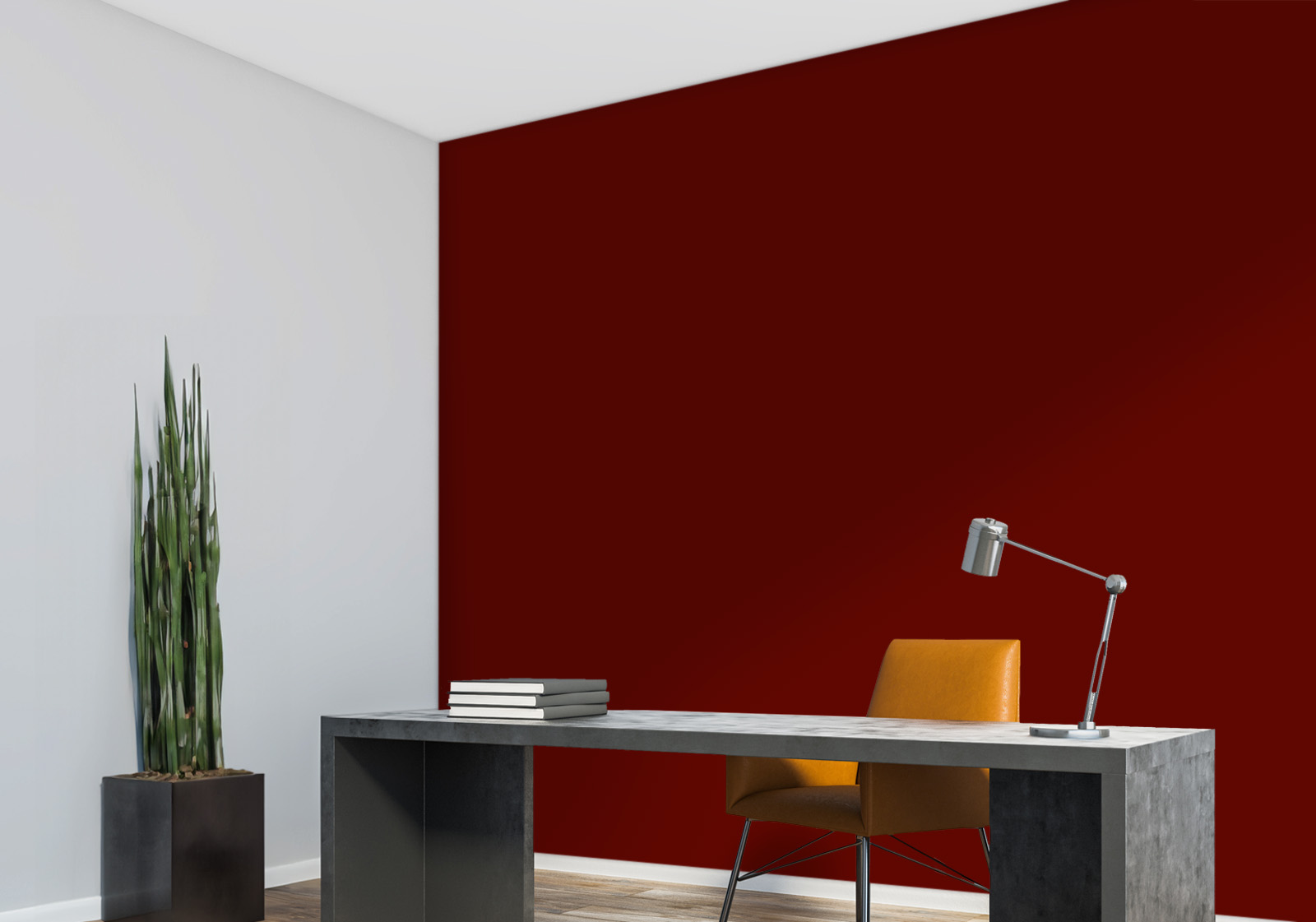 Milieubild mit Arbeitszimmer mit dunklem Schreibtisch, orangefarbenem Stuhl, Stehlampe,  Zimmerpflanze im Topf  und einer Wandverkleidung mit folgendem Motiv: Einfarbig dunkelrotes Bild, keine sichtbaren Details oder Muster.