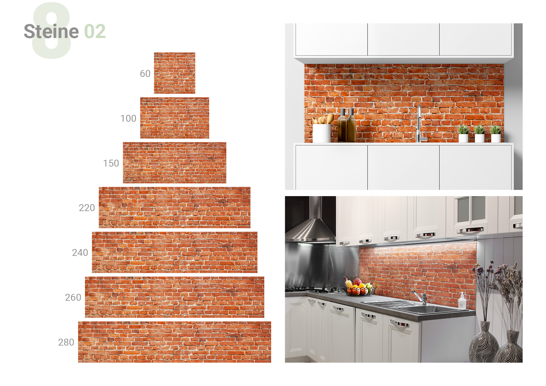 Übersicht, die die Formate 60 x 60, 100 x 60, 150 x 60, 220 x 60, 240 x 60, 260 x 60, 280 x 60 cm und die beiden  Milieubilder für folgendes Motiv zeigt: Rote Backsteinmauer mit grauen Fugen, regelmäßiges Muster, Textur.