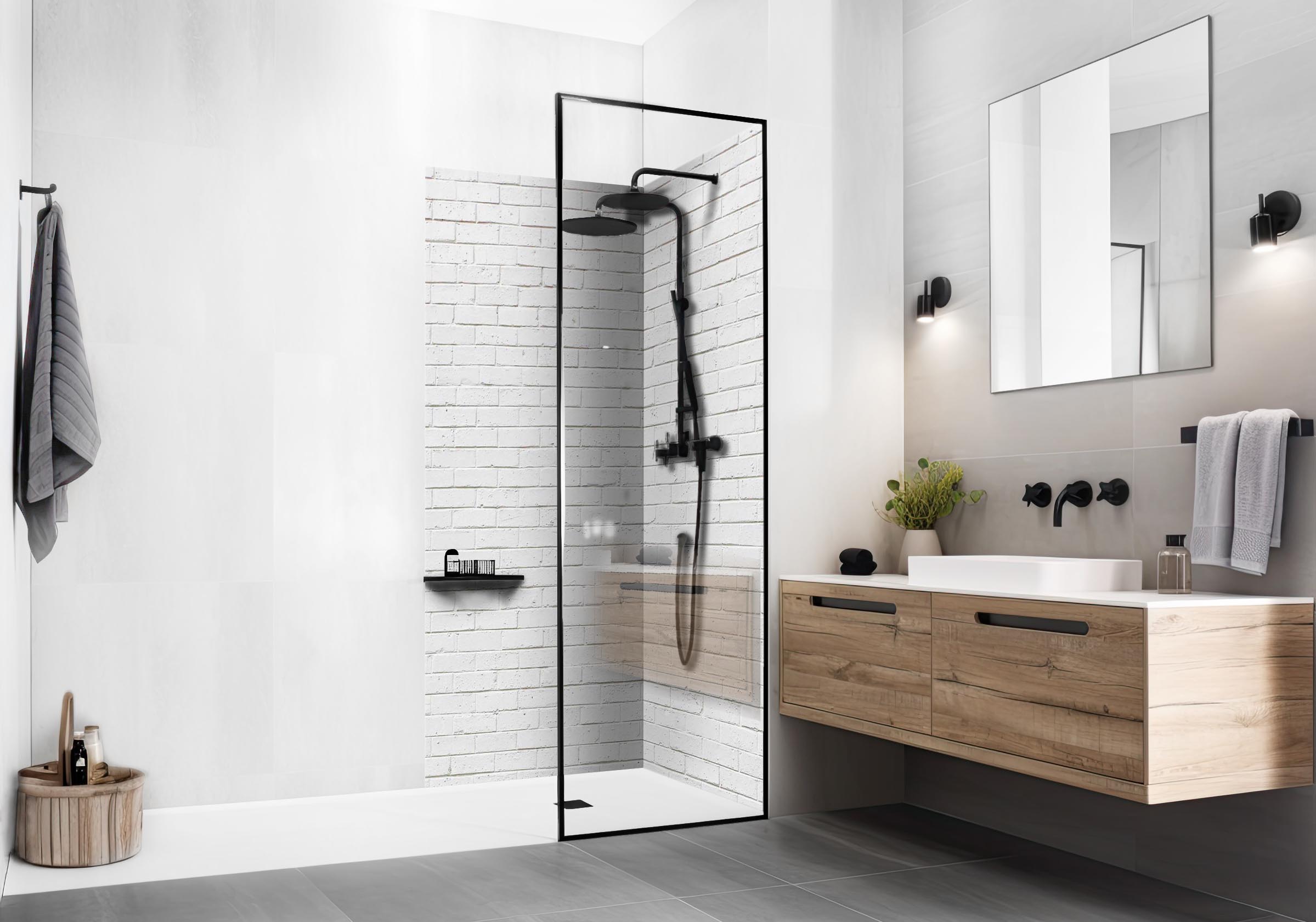 Modernes Badezimmer mit Waschbecken und Holzunterschrank und mit ebenerdiger Dusche die Rückwände in folgendem Design hat: Weiße Backsteinmauer mit sichtbaren Fugen, unregelmäßige Textur, helle Oberfläche.