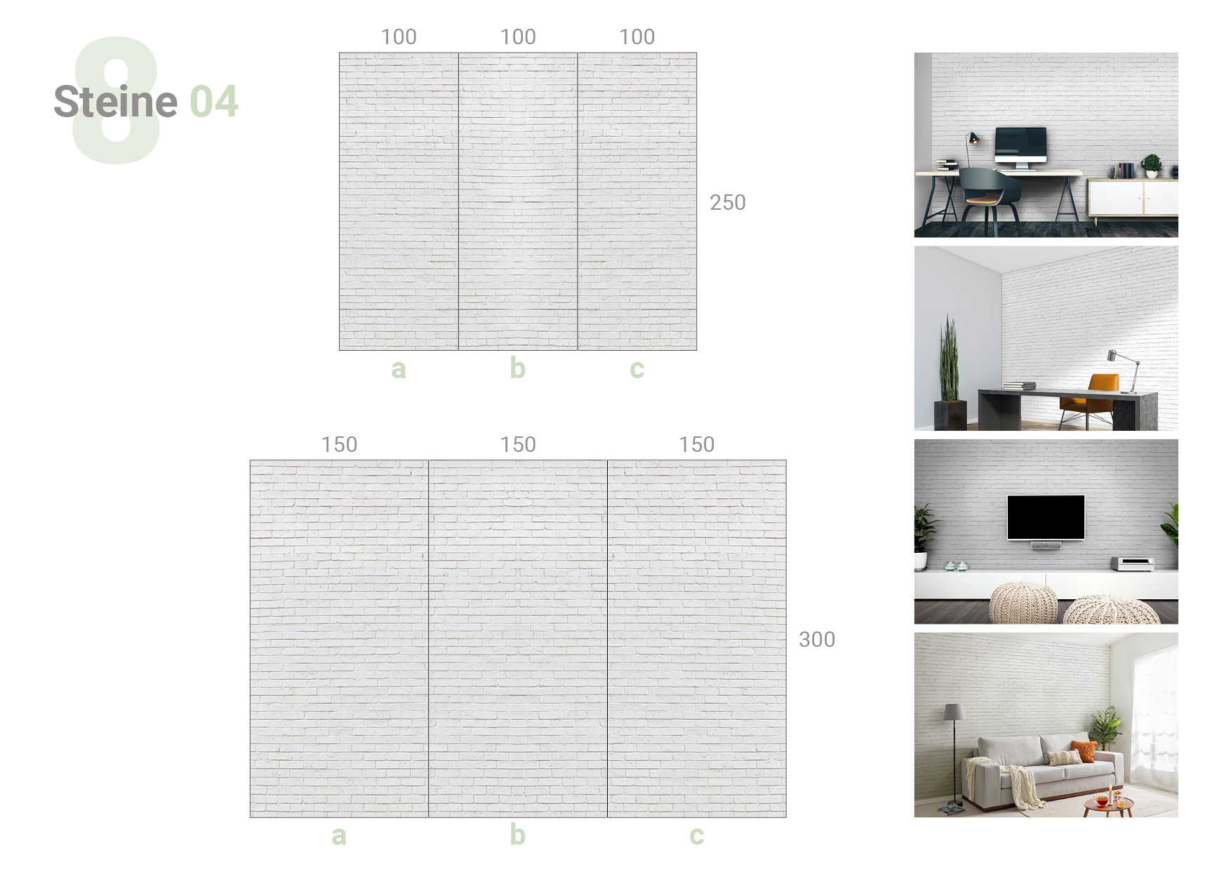 Übersicht, die das 3-teilige Formate 100 und 100 und 100 x 250 cm und das 3-teilige Formate 150 und 150 und 150 x 300 cm und die Milieubilder für folgendes Motiv zeigt: Weiße Backsteinmauer mit sichtbaren Fugen, unregelmäßige Textur, helle Oberfläche.