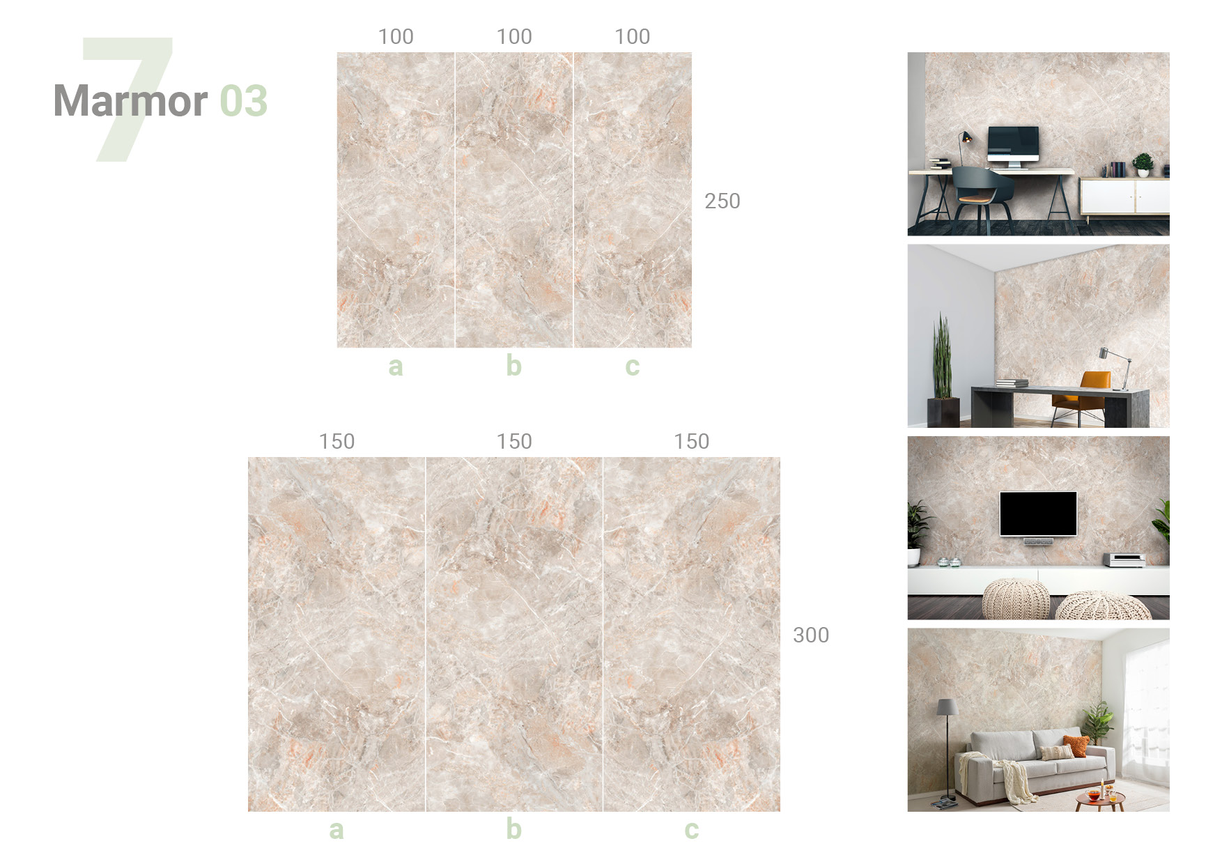 Übersicht, die das 3-teilige Formate 100 und 100 und 100 x 250 cm und das 3-teilige Formate 150 und 150 und 150 x 300 cm und die Milieubilder für folgendes Motiv zeigt: Beiger Marmor mit grauen und orangefarbenen Adern, abstrakte Textur.