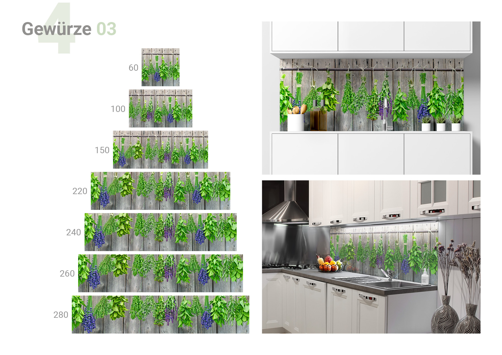 Übersicht, die die Formate 60 x 60, 100 x 60, 150 x 60, 220 x 60, 240 x 60, 260 x 60, 280 x 60 cm und die beiden  Milieubilder für folgendes Motiv zeigt: Bündel von frischen Kräutern und lila Blüten hängen an einer Stange vor einer grauen Holzwand.