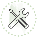 Schraubenschlüssel-Symbol mit Schraubendreher in einem Kreis aus Punkten, mit grünem Farbfleck im Hintergrund.