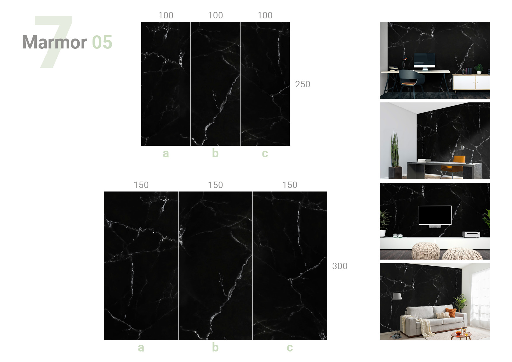 Übersicht, die das 3-teilige Formate 100 und 100 und 100 x 250 cm und das 3-teilige Formate 150 und 150 und 150 x 300 cm und die Milieubilder für folgendes Motiv zeigt: Schwarzer Marmor mit weißen Adern, abstrakte Textur, dunkle und elegante Oberfläche.
