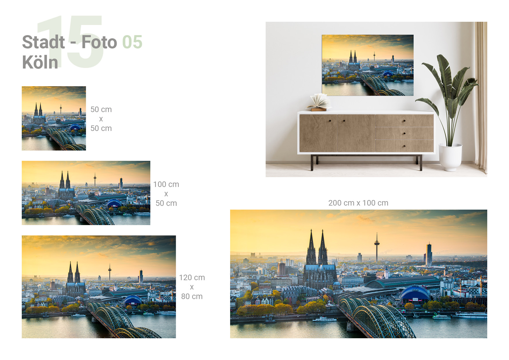 Übersicht, die 4 verschiedene Formate und das Milieubild für folgendes Motiv zeigt: Kölner Dom und Hohenzollernbrücke bei Sonnenuntergang, Stadtbild mit Rhein und TV-Turm im Hintergrund.