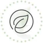 Blatt-Symbol in einem Kreis aus Punkten, mit grünem Farbfleck im Hintergrund.