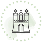 Hamburger Wappen in einem Kreis aus Punkten, mit grünem Farbfleck im Hintergrund.