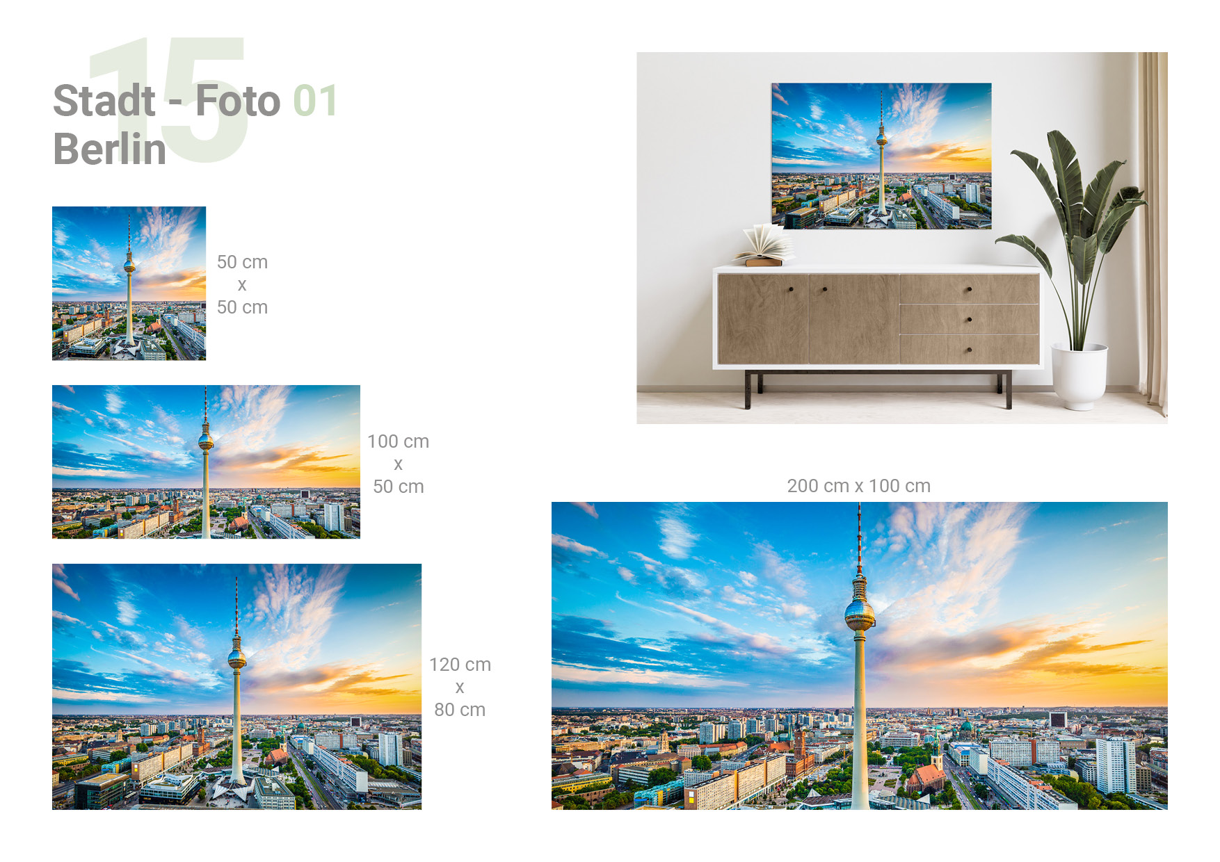 Übersicht, die 4 verschiedene Formate und das Milieubild für folgendes Motiv zeigt: Luftaufnahme von Berlin mit Fernsehturm im Zentrum, Stadtbild bei Sonnenuntergang und blauem Himmel mit Wolken.