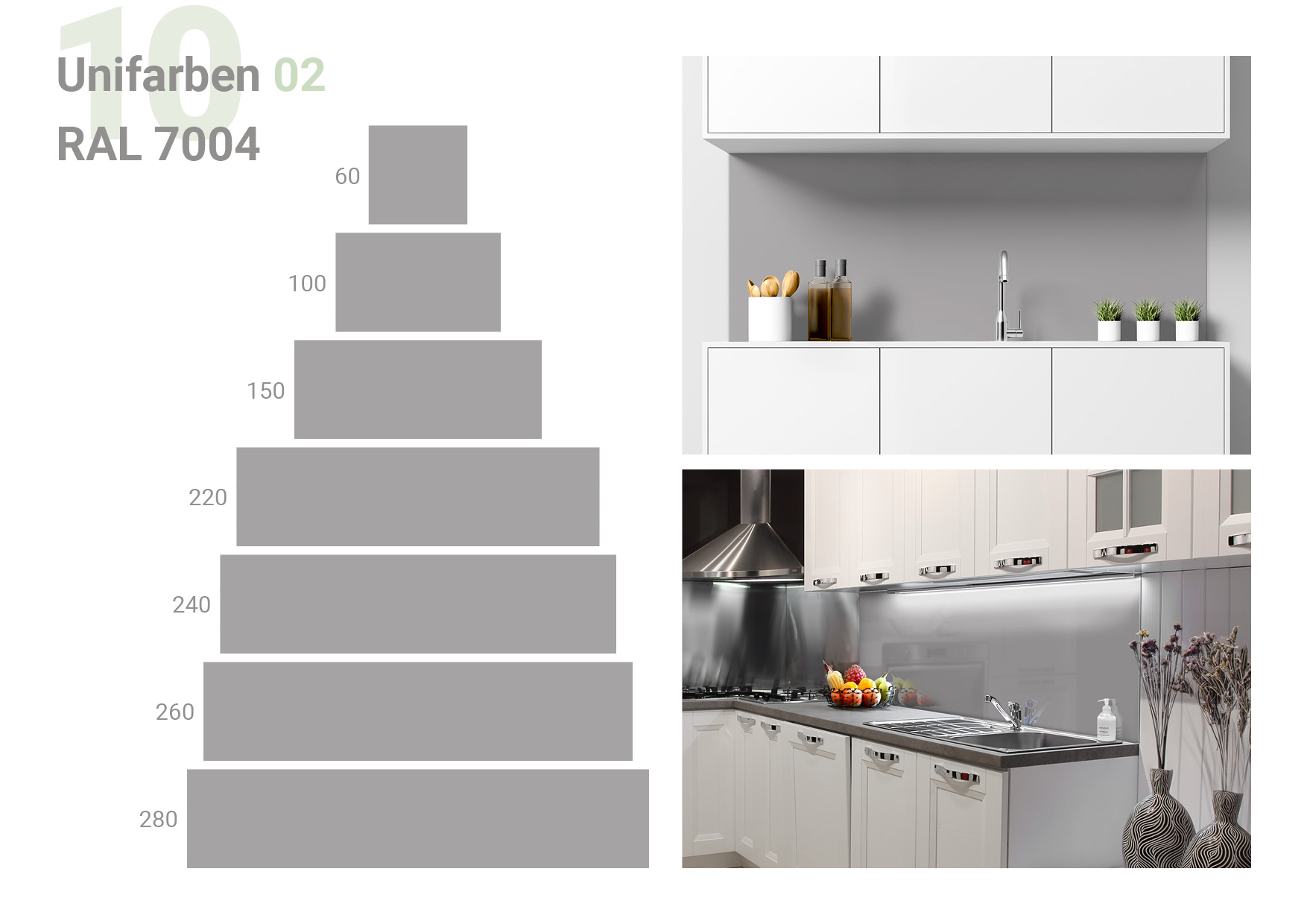 Übersicht, die die Formate 60 x 60, 100 x 60, 150 x 60, 220 x 60, 240 x 60, 260 x 60, 280 x 60 cm und die beiden  Milieubilder für folgendes Motiv zeigt: Einfarbig graues Bild, keine sichtbaren Details oder Muster.
