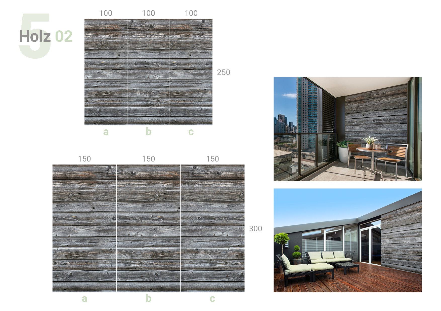 Übersicht, die das 3-teilige Formate 100 und 100 und 100 x 250 cm und das 3-teilige Formate 150 und 150 und 150 x 300 cm und die Milieubilder für folgendes Motiv zeigt: Graue Holzplanken mit sichtbarer Maserung, symmetrisch angeordnet.