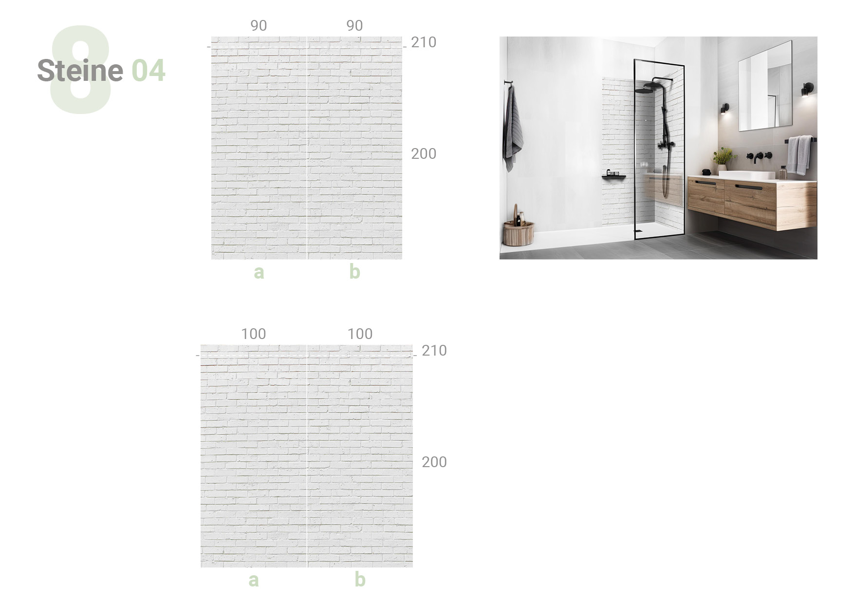Übersicht, die das  zweiteilige Format 90 x 90 und 100 x 100 cm  und das Milieubild für folgendes Motiv zeigt: Unregelmäßige Steinmauer in Grau- und Beigetönen mit sichtbaren Fugen, rustikale Textur, gleichmäßige Verteilung.