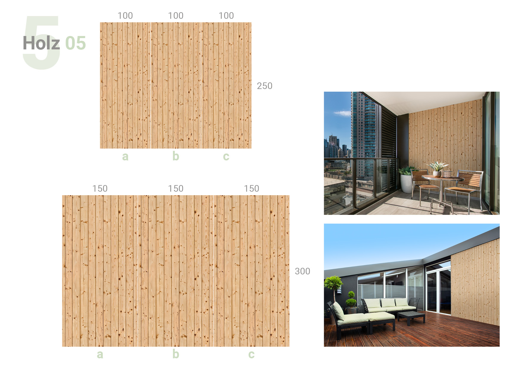 Übersicht, die das 3-teilige Formate 100 und 100 und 100 x 250 cm und das 3-teilige Formate 150 und 150 und 150 x 300 cm und die Milieubilder für folgendes Motiv zeigt: Helle Holzplanken mit sichtbarer Maserung und Astlöchern, vertikal angeordnet.