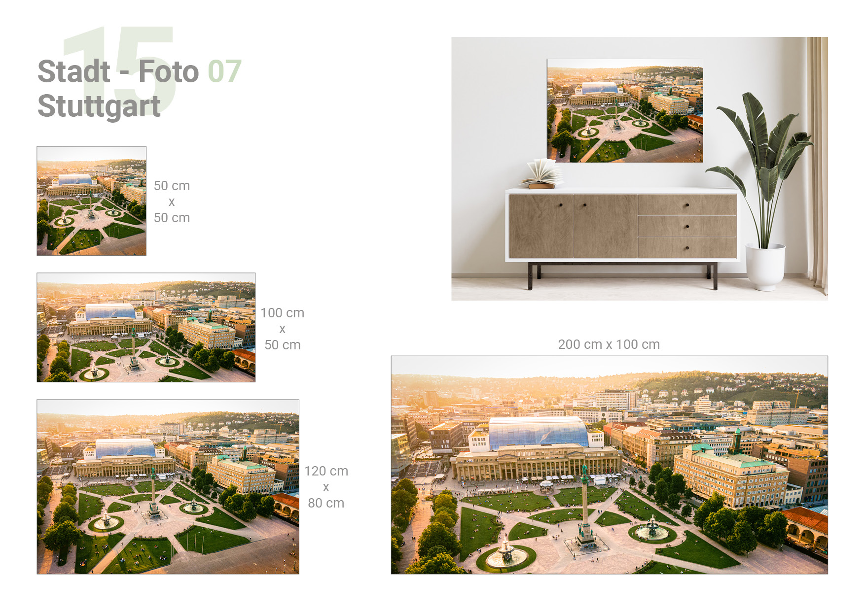 Übersicht, die 4 verschiedene Formate und das Milieubild für folgendes Motiv zeigt: Luftaufnahme des Schlossplatzes Stuttgart mit Königsbau, Jubiläumssäule, Brunnen und Menschen, Sonnenuntergang.