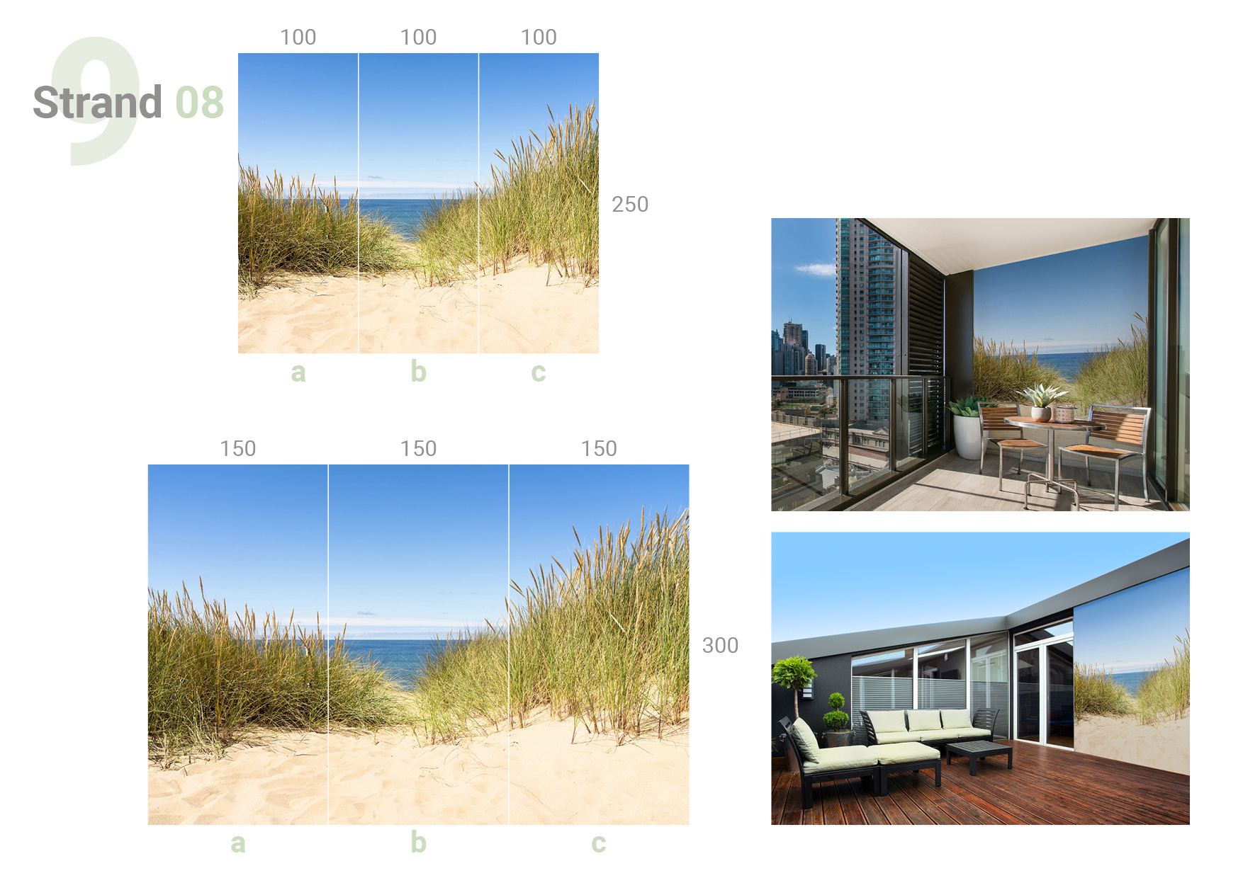 Übersicht, die das 3-teilige Format 100 + 100 + 100 x 250 cm und das 3-teilige Format 150 + 150 + 150 x 300 cm sowie die Milieubilder für folgendes Motiv zeigt: Blick durch Dünengras auf den Sandstrand und das blaue Meer unter klarem Himmel.