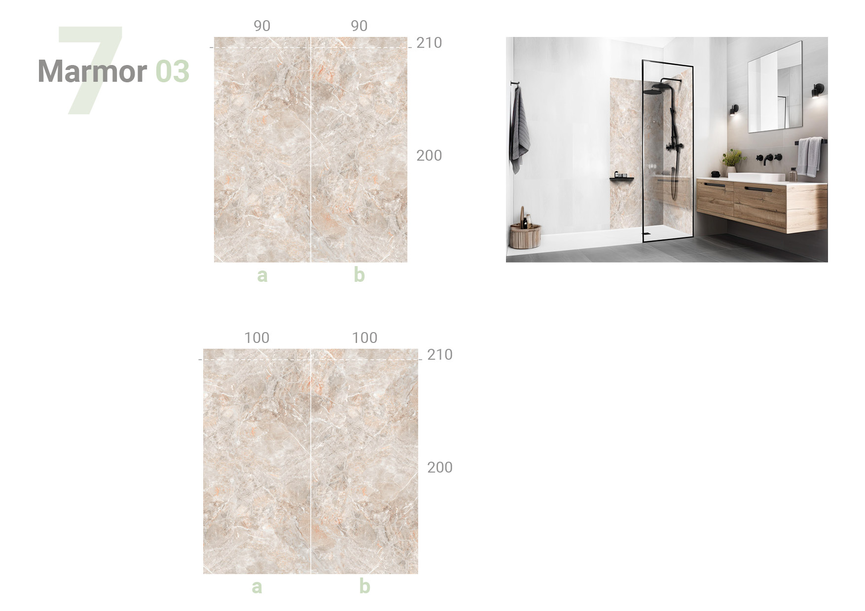 Übersicht, die das  zweiteilige Format 90 x 90 und 100 x 100 cm  und das Milieubild für folgendes Motiv zeigt: Beiger Marmor mit grauen und orangefarbenen Adern, abstrakte Textur.