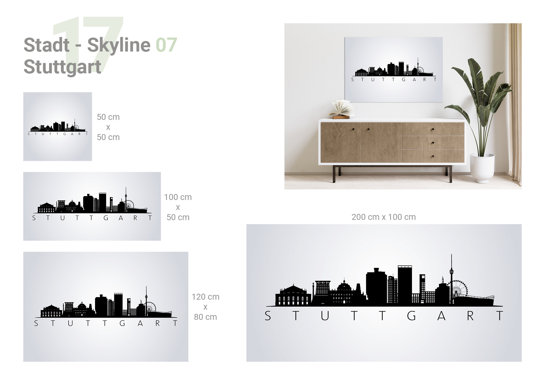 Übersicht, die 4 verschiedene Formate und das Milieubild für folgendes Motiv zeigt: Silhouette der Stuttgarter Skyline auf grauem Hintergrund, darunter der Schriftzug "STUTTGART".
