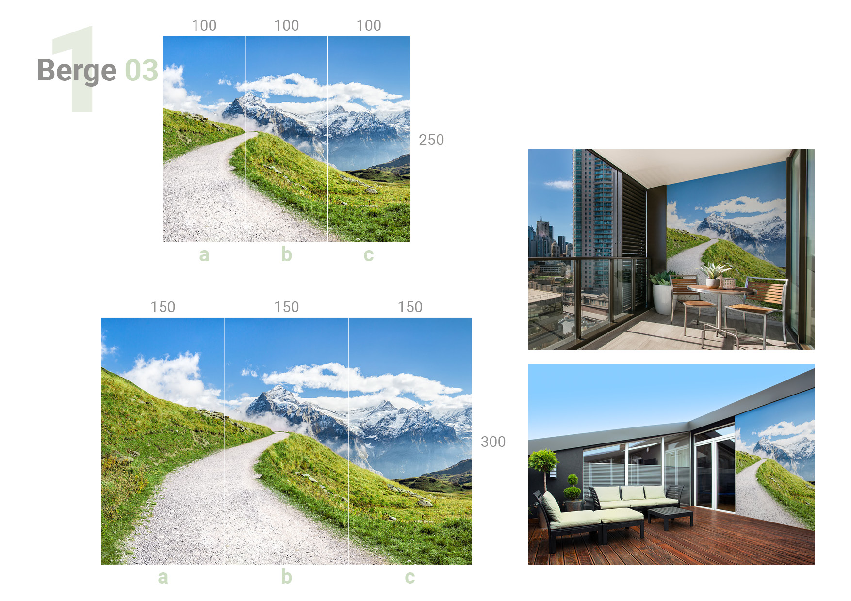 Übersicht, die 2 Formate und Aufteilungen und die Milieubilder für folgendes Motiv zeigt: Wanderweg durch grüne Wiesen in den Schweizer Alpen, mit Blick auf schneebedeckte Berggipfel und blauen Himmel mit Wolken.