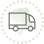 LKW-Symbol in einem Kreis aus Punkten, mit grünem Farbfleck im Hintergrund.